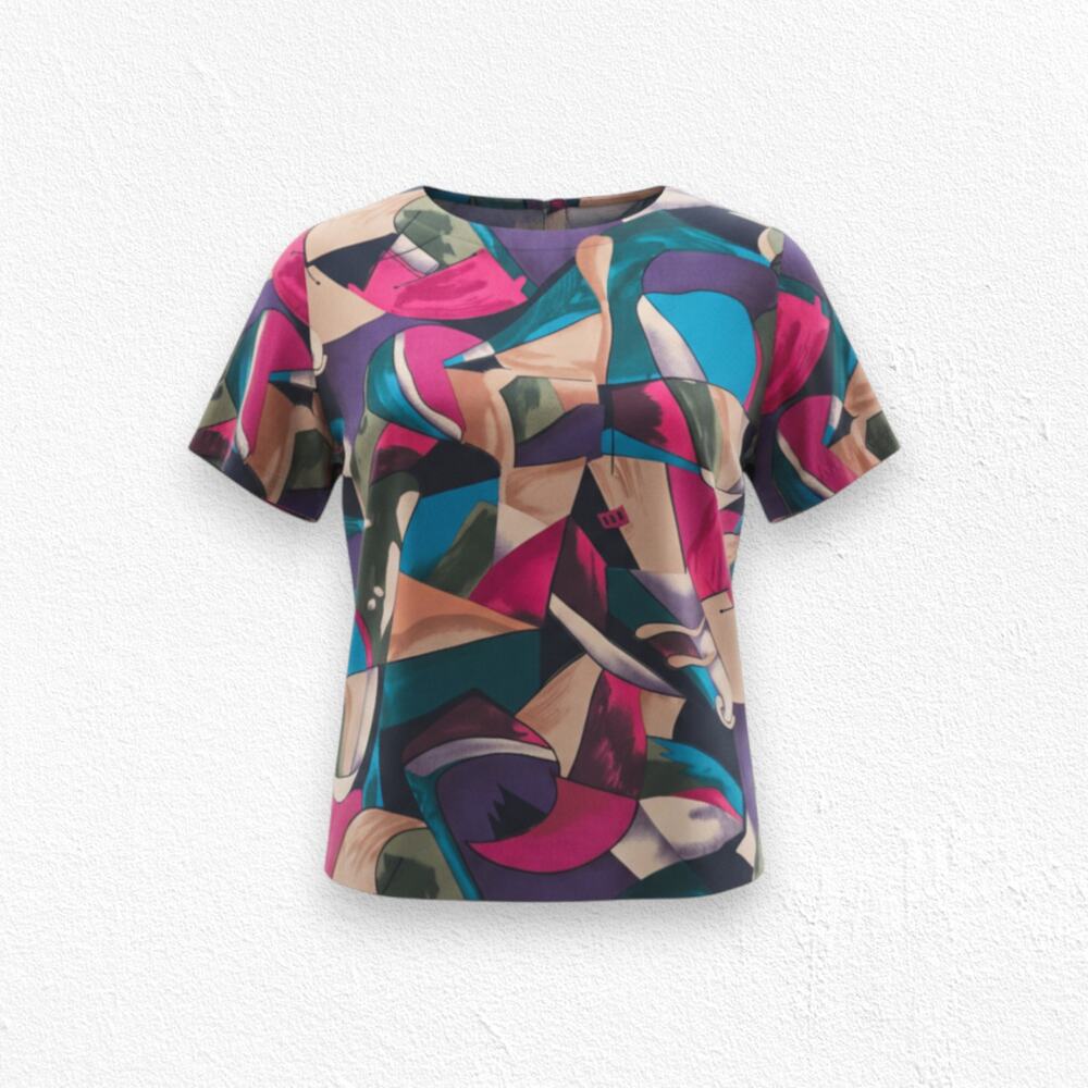 Y2K Alfred Dunner Abstract Art Blouse Museum Chic Short Sleeve Size 14